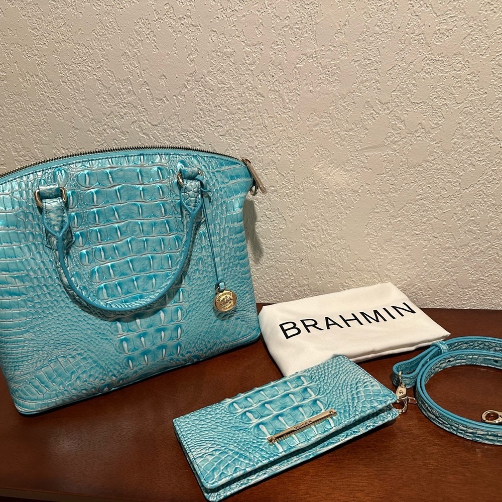 Brahmin’s Dusty Blue Melbourne Duxbury Satchel & matching Ady Bi-Fold Wallet